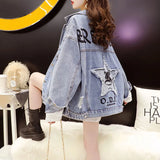 BF Harajuk Big Loose Denim Jacket Women Embroidery Jeans Coat Hip Hop Hole Single Breasted Jeans Jacket Casual Women