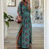 Fongt 2023 New Fashion V-Neck Short-Sleeved Loose Bohemian Side Slit Dress Print Dress-Outfit