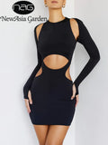 Long Sleeve Women Dresses Cut out Two Layer Elastic Bag Hip Bodycon Short Dress Spring Casual Sexy Street Black