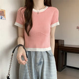 Fongt Clamming Color Splicing T-Shirts For Women's New Summer Fashion Slimming Thin-Sleeved Ice Silk Short-Sleeved Top