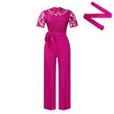 Fongt Women's Sexy Lace Lace Hollow Short-Sleeved Strap High-Waisted Broad-Legged Jump-Legged Jumpsuit