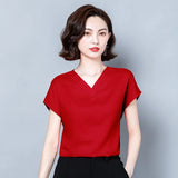Lady Solid V-neck Blouse Women Summer 2022 Short Sleeve Casual Silk Satin Shirts Casual M-4XL Loose Tops Clothes