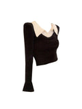 Winter Fashion Women's Fake Two Piece Lapel Collar Knitwear Sweaters Black Casual Slim Pullover Tops All-Match Korean