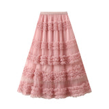 Fongt Heavy Industry Lace Cake Skirt Long Skirt Sweet Wind High Waist Wood Ear Net Yarn Skirt 1276