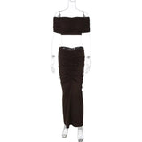 Off-shoulder Crop Top And Ruched Maxi Skirt Set-Outfit