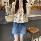 Fongt Summer New Sweet Square Tie Slings Women's Broken Flowers Campus Vest Inside And Outside Wearing Sleeveless Top