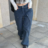 Rivet Design Irregular Loose Straight Jeans Women's Fashionable Solid Color Casual Trousers-Outfit