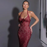 Red Lace Flower Halter Mermaid Style Maxi Dress-Outfit
