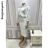 High Fashion Beaded Mesh Splicing Top Pleated Skirt Two-piece Suit African Women's Clothing-Outfit
