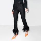 Fongt Luxury Wind Ostrich Hair Splicing Straight Pants 2024 Spring Style High Waist Foreign Style Versatile Show Thin Casual Jeans Tide-Outfit