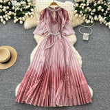 Fongt Women's Niche Elegant Dress New Hollow Nail Ball Neck-To-Celing Waist-Print Folding Long Skirt