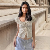 Fongt Small Fragrant Pure Girl Bubble Sleeve Strapped With Wood Ear Age Reduction Netcloak Umbilly Short-Sleeved Top