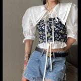 Elegant Floral Blouse Women Kawaii Vintage Sweet Casual Puff Sleeve Blouse Female Chic Two Piece Suit Party Blouse