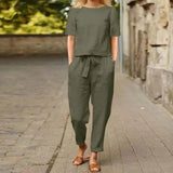Women Summer Solid Matching Set Half Sleeve O-Neck Oversize Thin Blouse Wide Leg Pant Femme Holiday Elastic Vintage