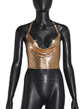 Fongt New Sexy Nightclub Slim Type Metal Sequins Hanging Neck Dew Back Vest Female