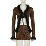 Tie Up Feather Leopard Print Tie Up Top And Mini Skirt Set-Outfit