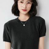 Fongt Female Round Collar Loose T-Shirt Inside Build Sweater Spring Autumn Base Outside Wear Short Sleeve Hair-Outfit