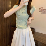 Fongt Wind Gentle Niche Bow High-Neck Short Sleeve New T-Shirt Summer Slimming Short Blouses