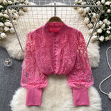 Retro Style Advanced Bubble Sleeve Shirt Autumn Net Embroidery Design Light Extravagant Socialite Temperament Blouse-Outfit
