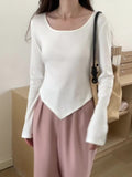 Autumn Long-Sleeved T-Shirt Female Solid Color Leaking Clavicle Square Collar Positive Shoulder Design Irregular Bottomed Shirt Inside Jacket-Outfit