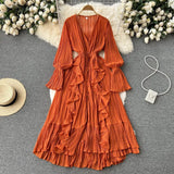 Fongt Sexy Solid Color V-Neck Pleated Flounce Flared Sleeve To The Dress-Outfit