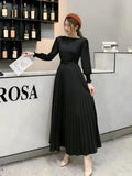 Fongt Ripe Wind High Waist Round Collar Dress Spring And Autumn New Temperament Solid Color To Show Thin Waist Swing 100 Rhetum Long Skirt