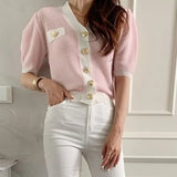 V-neck Cardigans Femme Short Sleeve Sweater Single Breasted Ropa Mujer Korean Simple Knitwears Summer 2024 Sueters-Outfit