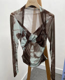 Explosion Tie-Dye-Print Long Sleeve Bottom Sexy Hottie V-Neck T-Shirt Folded Slimming Mesh Yarn Top