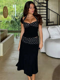 Black Polka Dot Patchwork Top And Midi Skirt Set-Outfit