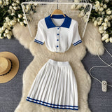 Fongt Collar Short-Sleeved Shirt Top High Waist Shows Thin Pleated Skirt Two Sets Of Summer-Outfit
