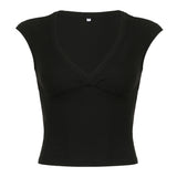 Girl Style Simple Solid Color Basic Sexy Low-Cut V-Neck Slim Flying Sleeve T-Shirt 2024 Spring / Summer New Style-Outfit