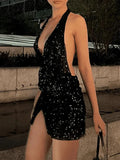 Vintage Party Split Sequin Mini Dress with Halter