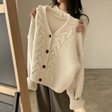 Solid V Neck Puff Sleeve Cable Knit Cardigan-Outfit