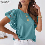 ZANZEA Women Spring Lace Patchwork Blouse Long Sleeve O-Neck Oversized Chemise Female Fashion Casual Clubing Holiday Tunic