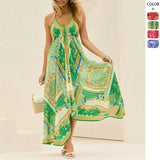 Fongt New Spring Summer Shoulder V-Neck Women's Slings Print Fairy Long Temperament Dress Dress Dress Dress