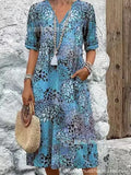 Fongt New Printed Summer V-Neck Casual Holiday Bag Dress Home Clothes Women