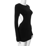 Black Long Sleeve Deep Open Back Mini Dress-Outfit