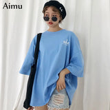 oversized Tshirt Simple letter print Basic T Shirt Women Casual blue Tops Loose White Summer Short Sleeve long