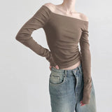 Fongt Wind Foundation Simple Solid Color One Word Collar Off-Shoulder Bottom T-Shirt 2023 New Temperament Age Reduction Slim Jacket-Outfit