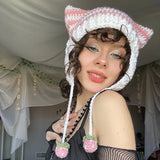 Fongt New Knitted Hat Fox Ear Devil Horn Striped Wool Hat Female-Outfit