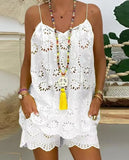 Fongt Sleeveless Drawstring Flounce Cut Out Vest Embroidered Shorts With Cotton
