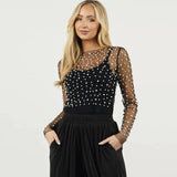 Fongt Spring And Summer Explosion Of Women's Clothing Bubble Beads Perspective Mesh Long-Sleeved Top