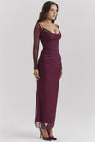 Burgundy Sheer Long Sleeve Bodycon Maxi Dress-Outfit