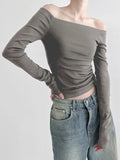 Solid Color Off Shoulder Slim Long Sleeve Tee-Outfit