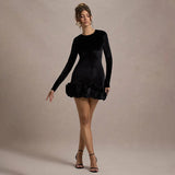 Black Velvet Long Sleeve Puff Trim Bodycon Mini Dress-Outfit