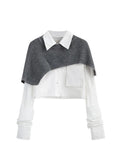 Fashion Women Two Pieces Sets Long Sleeve Short Blouse Shirt + Solid Knitted Pullover Crop Shawl Sweater Female