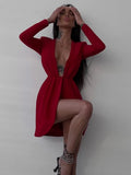 V Neck Folds Evening Mini Dresses Women Long Sleeve Solid Night Chain Office Lady Autumn Sexy Party Dress Fashion