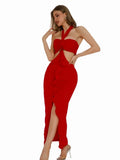 Red Flower Ruffles Halter Maxi Dress-Outfit