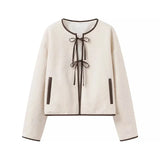 Fongt Women's Explosive Fashion Round Collar Bow Tie With Temperament Casual Loose Coat