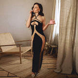 Fongt Autumn 2024 New Long Dress Temperament Hanging Neck Sling Body Hollow Sexy